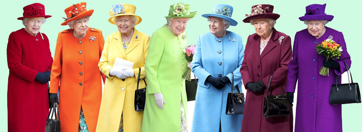 Escape game [La reine d'Angleterre] de la licence [Room Rush] à Paris - Photo en juxtaposition de 7 reines d'Angleterre aux couleurs de l'arc-en-ciel.