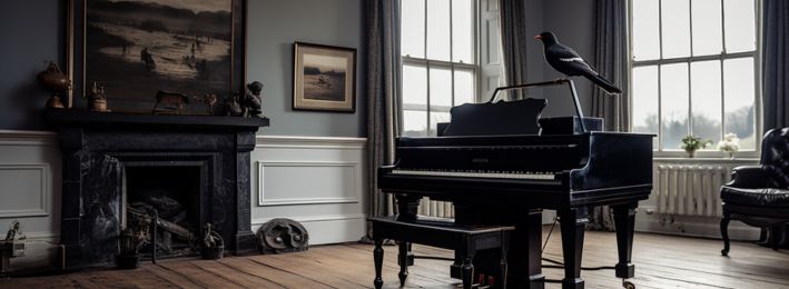 piano au centre d'une grande pièce